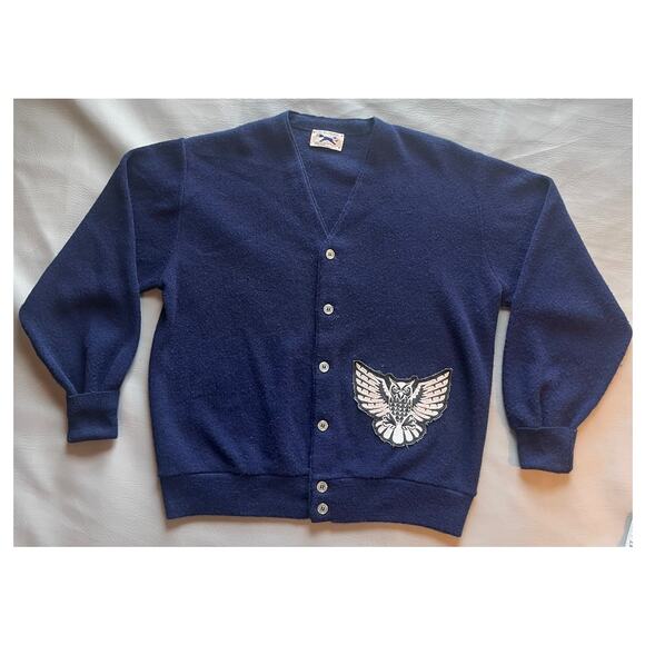 JC Penny VTG Fox Sweater LARGE Navy Cardigan with Owl Patch GUC - Picture 1 of 8